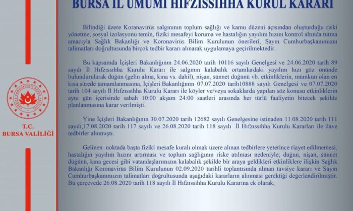 Bursa Valiliği’nden İl Hıfzıssıhha Kurulu kararı açıklaması