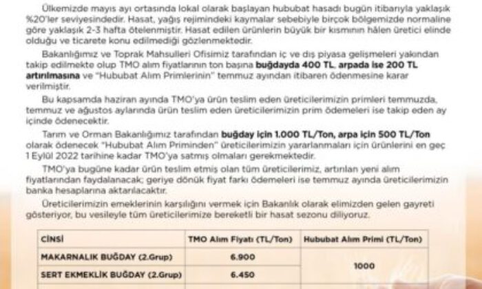 TMO hububat alım fiyatları güncellendi