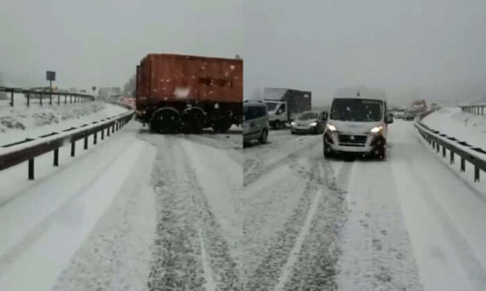 İstanbul yolu karda trafiğe kapanmıştı…İşte kaza anı