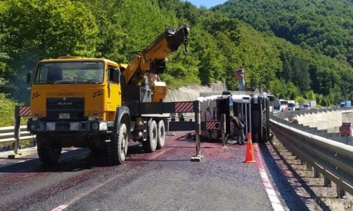 Kiraz yüklü kamyon devrildi, tonlarca meyve yola saçıldı